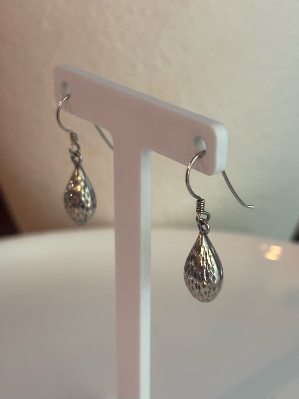 925 Sterling Silver Hammered Teardrop Dangle Earrings Textured Drop 0.75" Hook